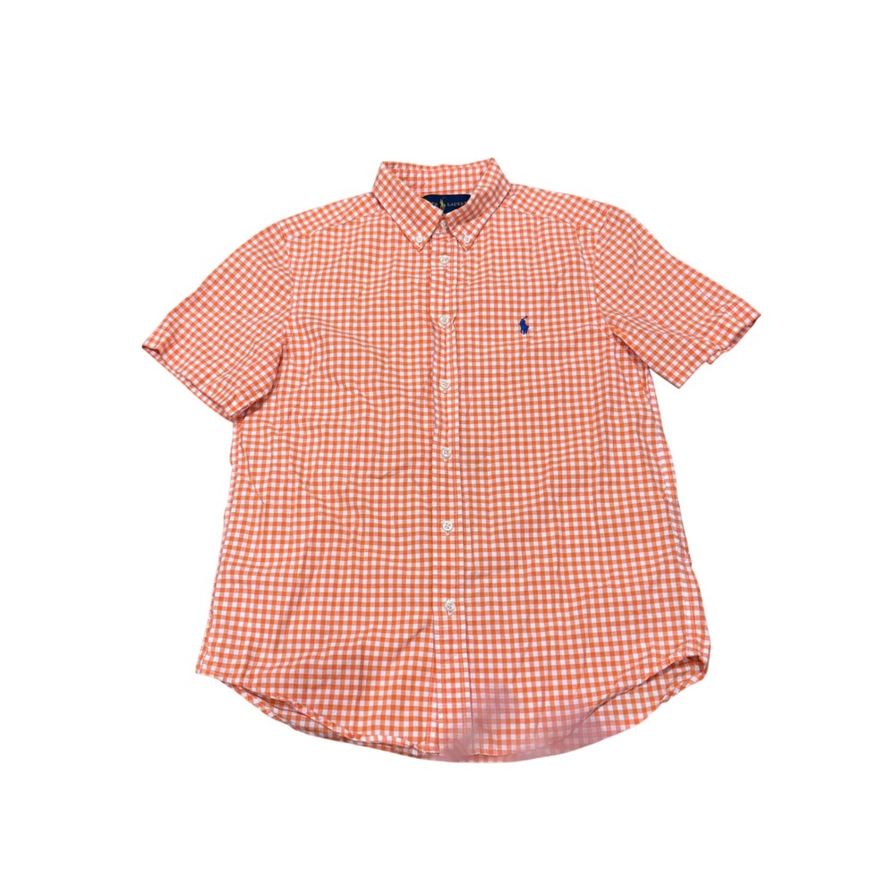 Ralph Lauren Boys Orange Gingham Short Sleeve Button‎ Down Shirt Size L 14-16